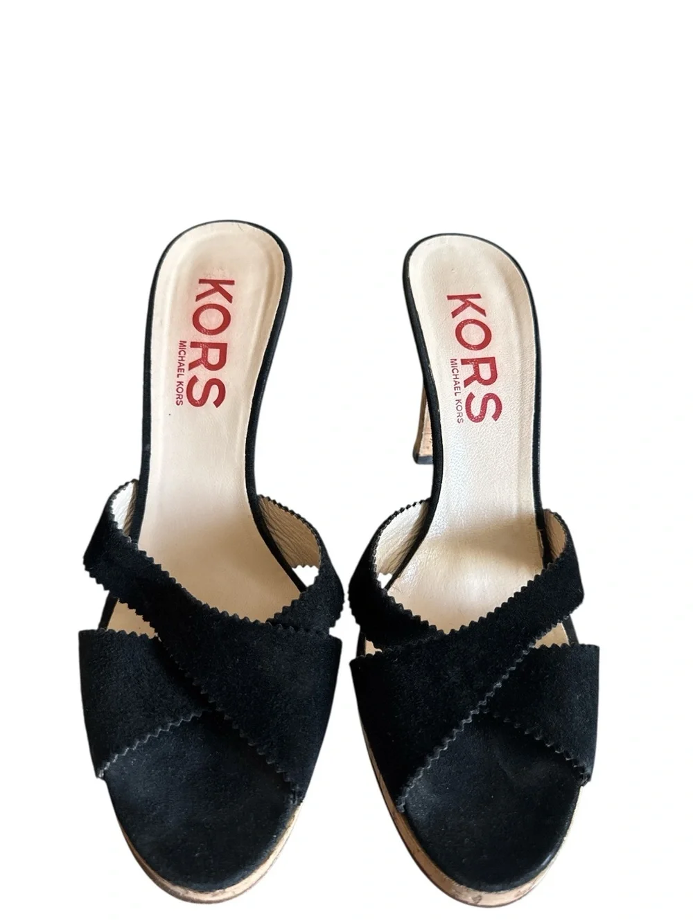 Michael Kors Black Suede Cork Heel Mules CrissCross Open Toe Sandals  Size 8.5